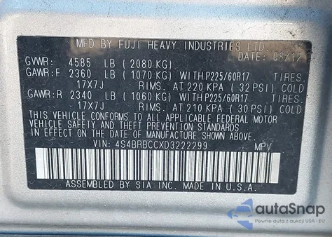 2013 Subaru Outback 2.5I Premium z USA, uszkodzony, nr VIN 4S4BRBCCXD3222299